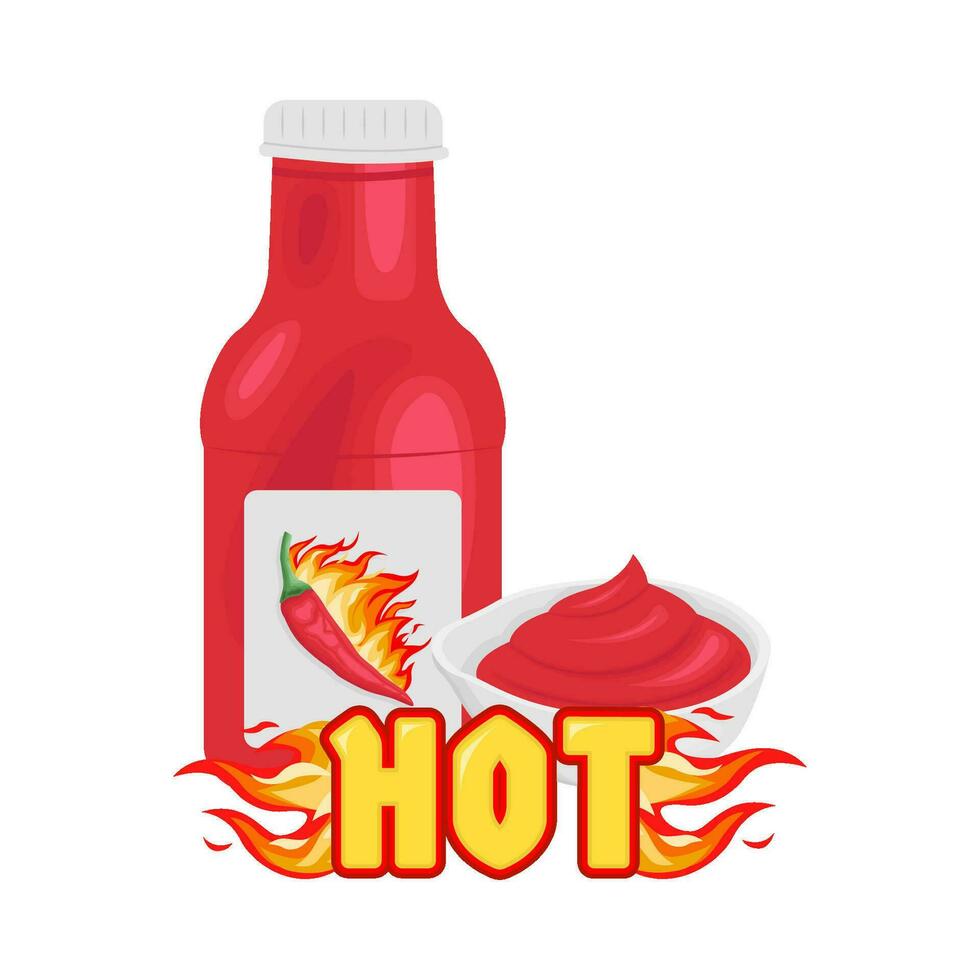 caliente fuego, botella salsa con salsa en cuenco ilustración vector