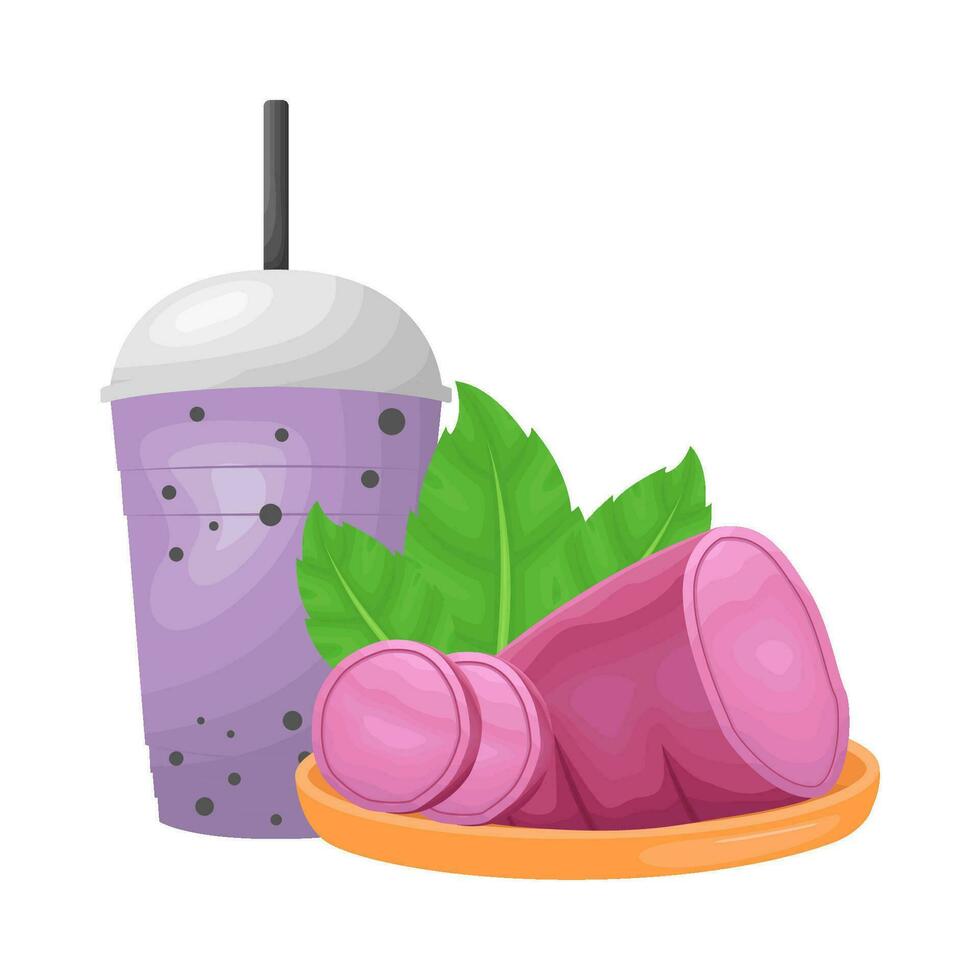 cup taro drink with sweet potato purple in cutting board illustration vector
