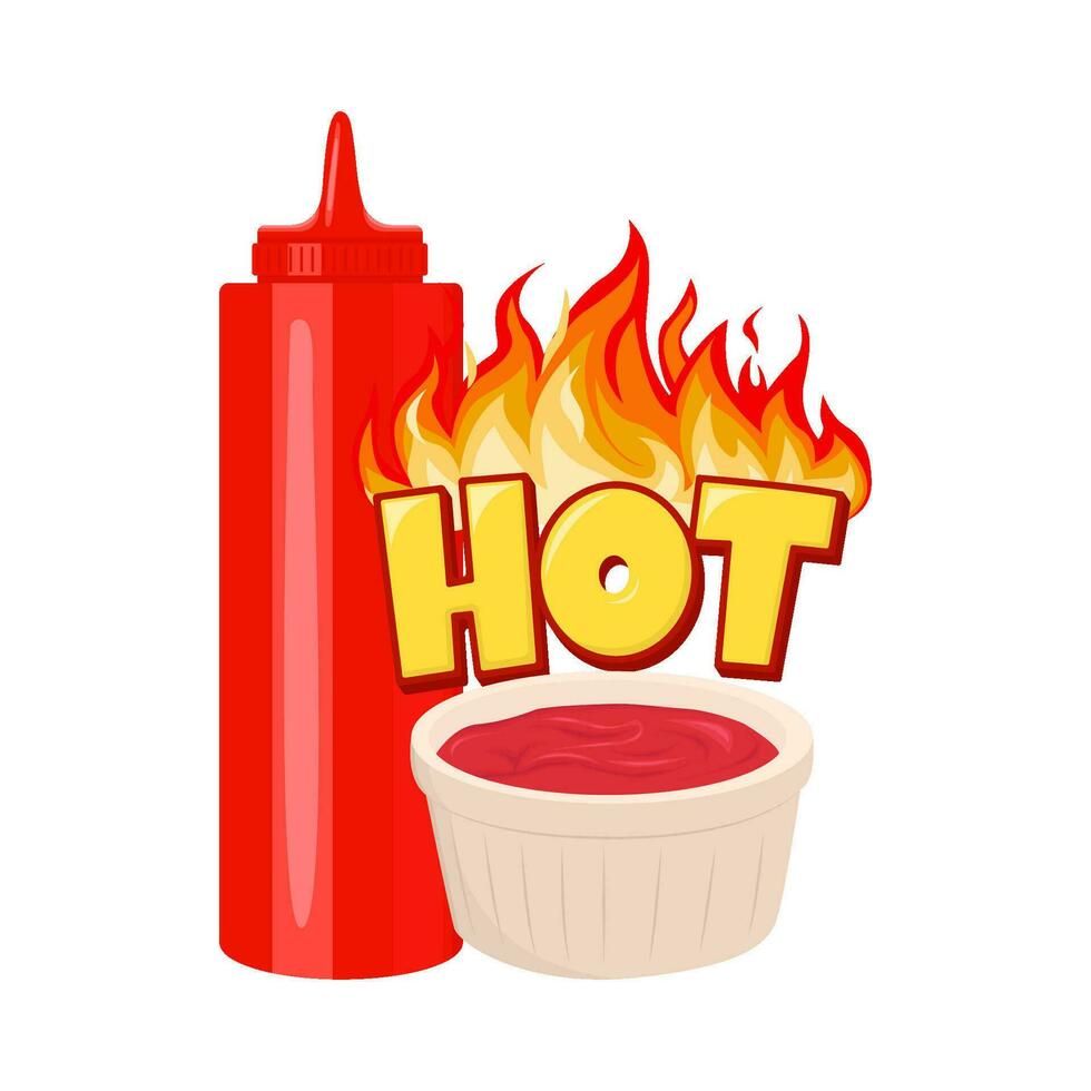 botella salsa, caliente fuego con salsa en cuenco ilustración vector