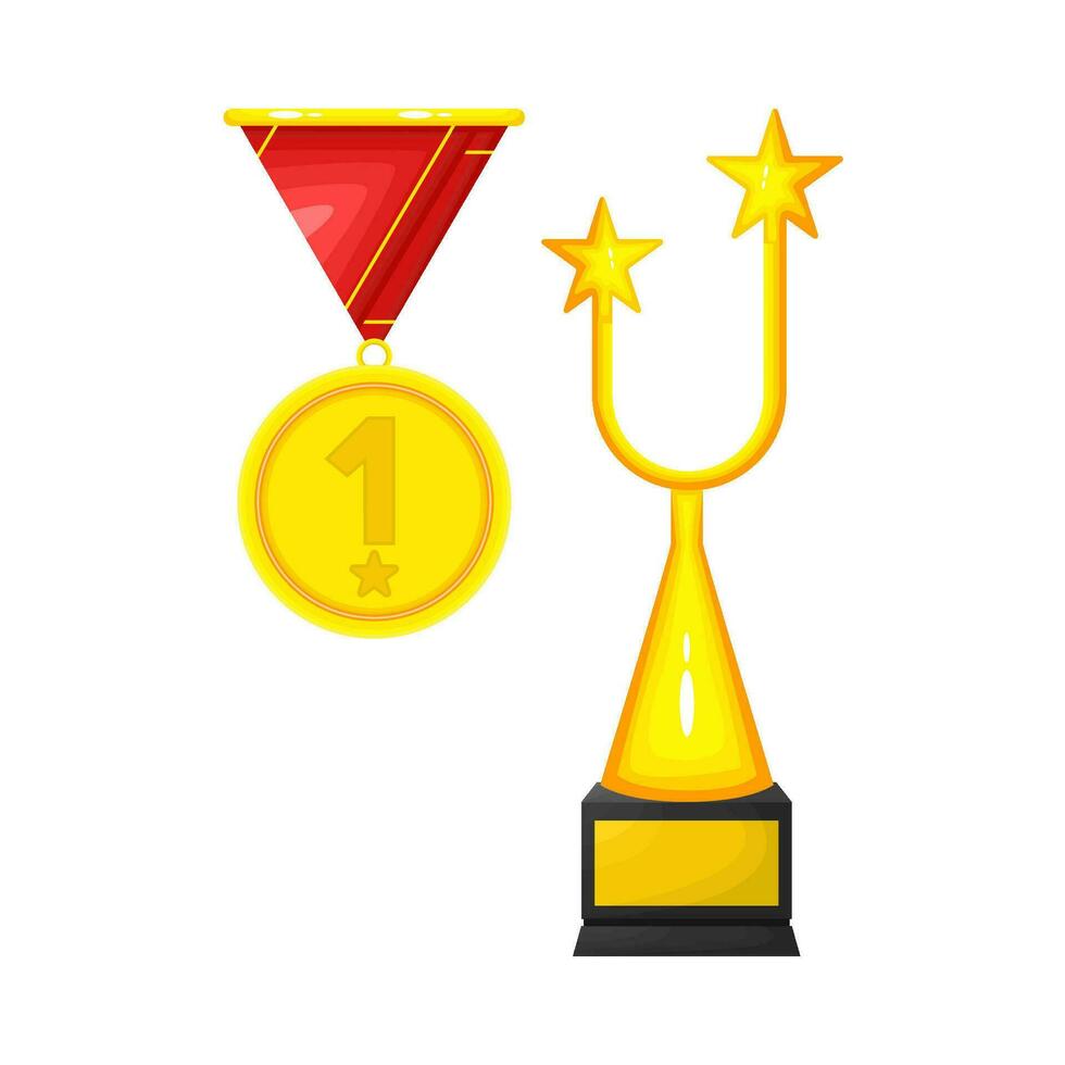 gold trophy champion with medal  illustration vector