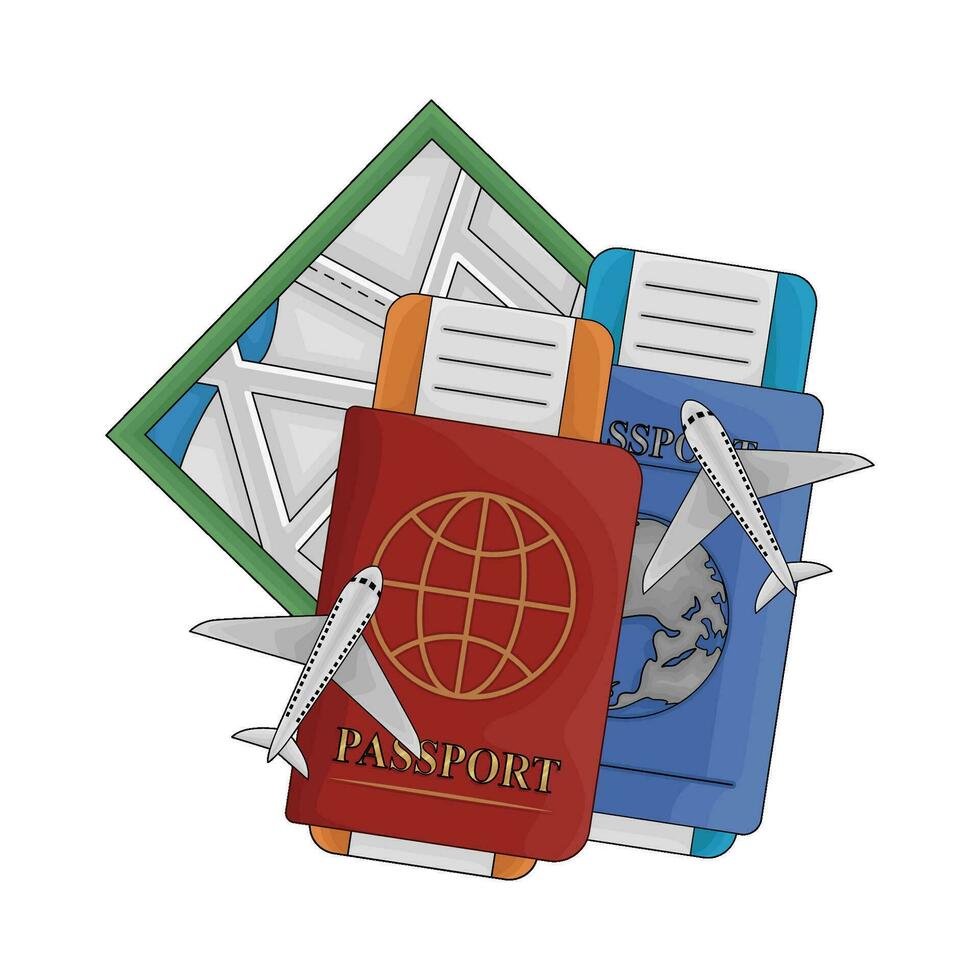 billete en pasaporte libro, avión con mapas ilustración vector