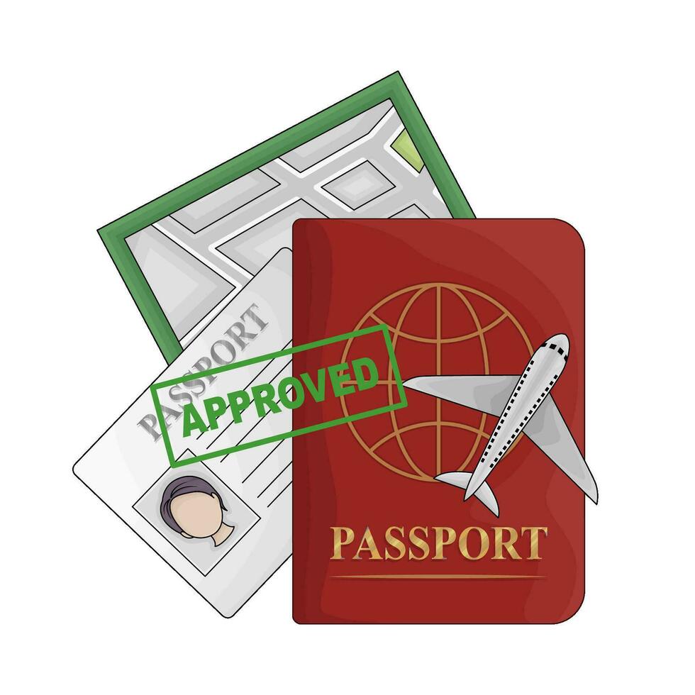 pasaporte libro, pasaporte tarjeta con mas aprobado ilustración vector