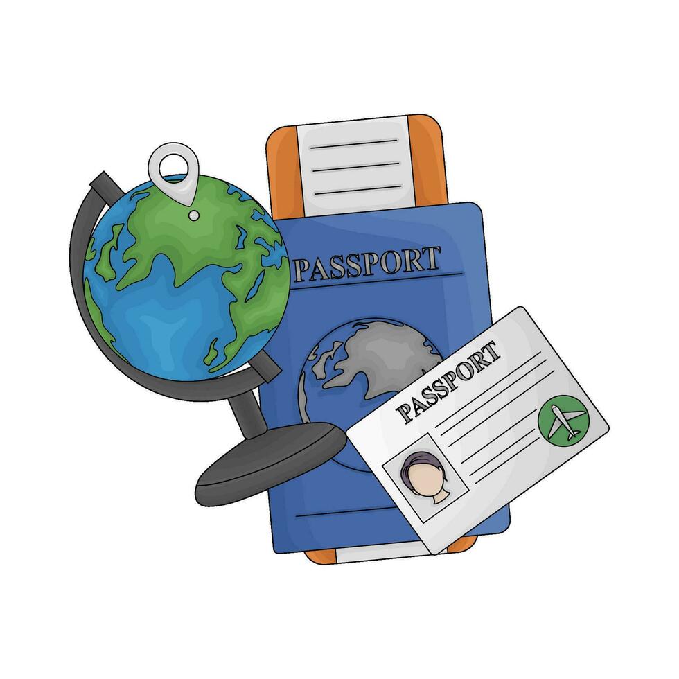 passport book, ticket, passport id card with location in globe illustration vector