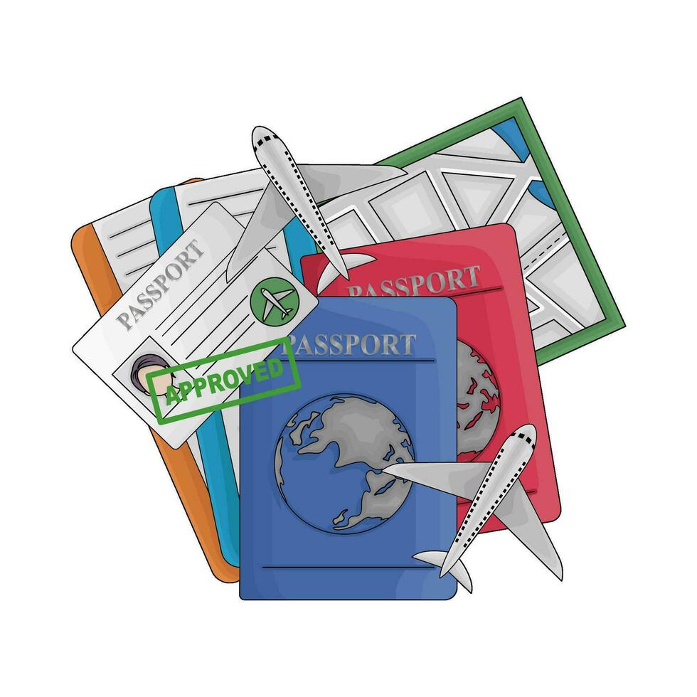 passport book aproved, passport card, ticket with maps illustration vector