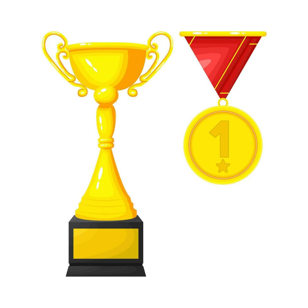 gold trophy champion with medal  illustration vector