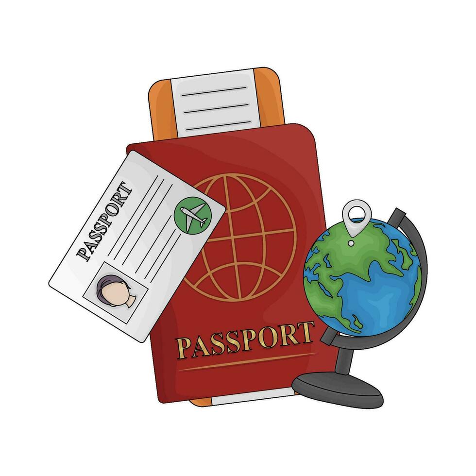 pasaporte libro, boleto, pasaporte carné de identidad tarjeta con ubicación en globo ilustración vector