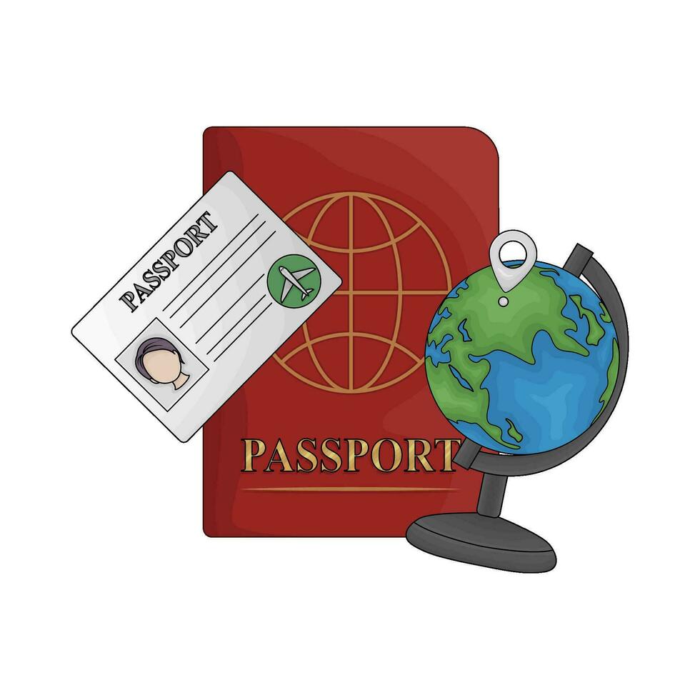 pasaporte libro, ubicación en globo con carné de identidad tarjeta pasaporte ilustración vector