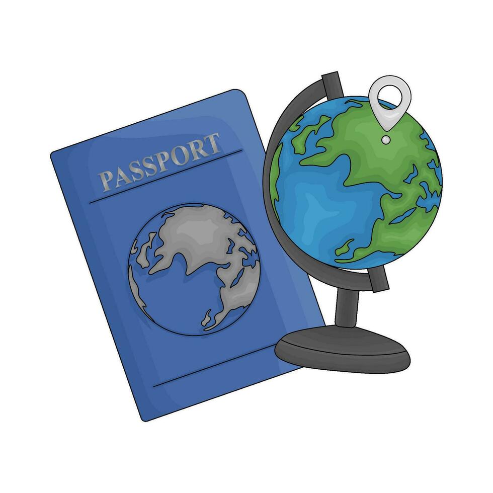 pasaporte libro con ubicación en globo ilustración vector