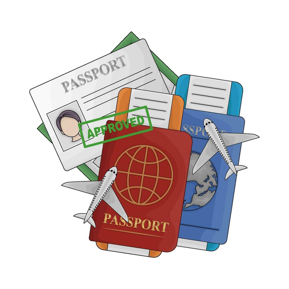 passport book aproved, passport card, ticket with maps illustration vector
