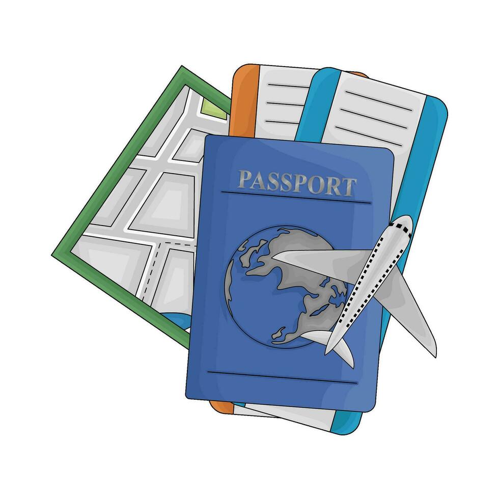 boleto, pasaporte libro, mapas con avión ilustración vector