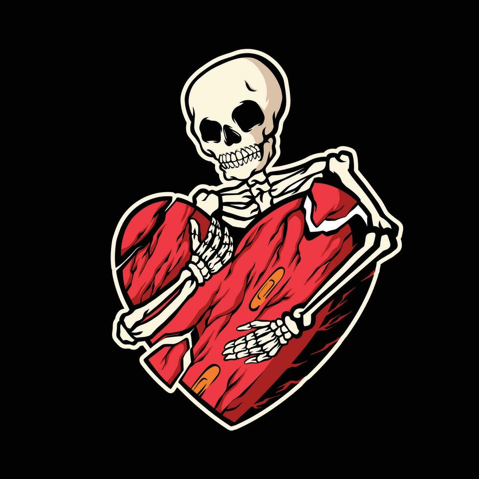 Skull hug a broken heart illustration vector
