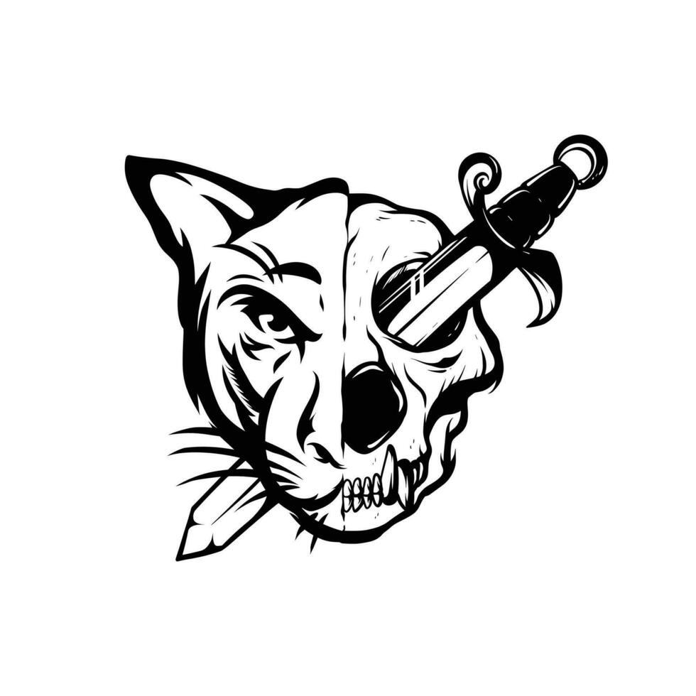 Illustration of a panther with half skull stabbed with dagger vector