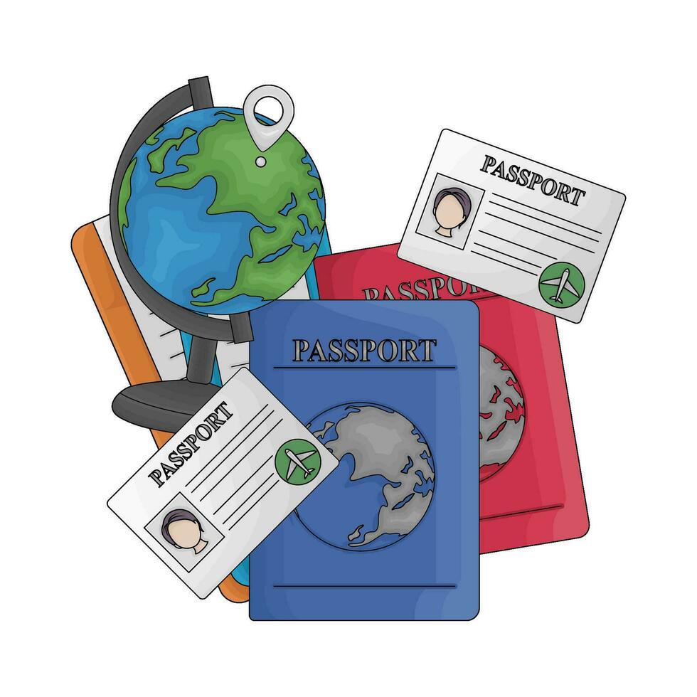 pasaporte libro, globo, boleto con pasaporte carné de identidad tarjeta ilustración vector