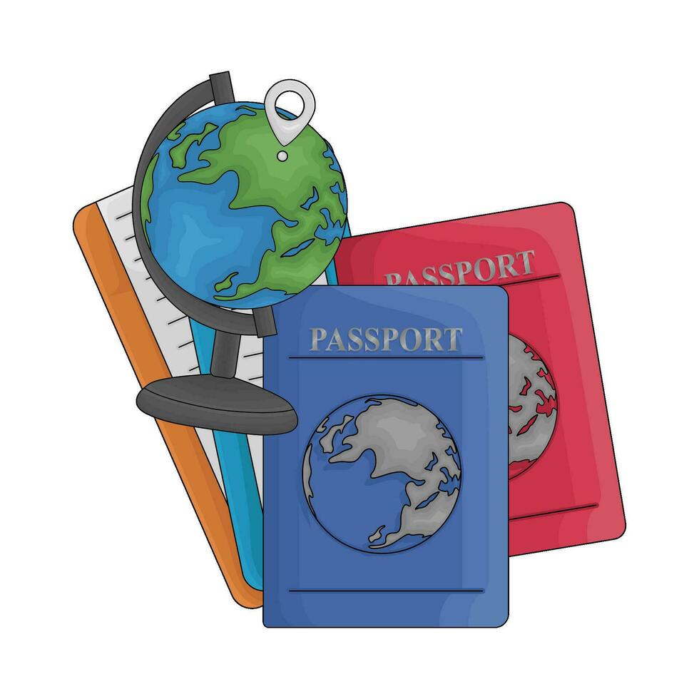boleto, pasaporte libro con ubicación en globo ilustración vector