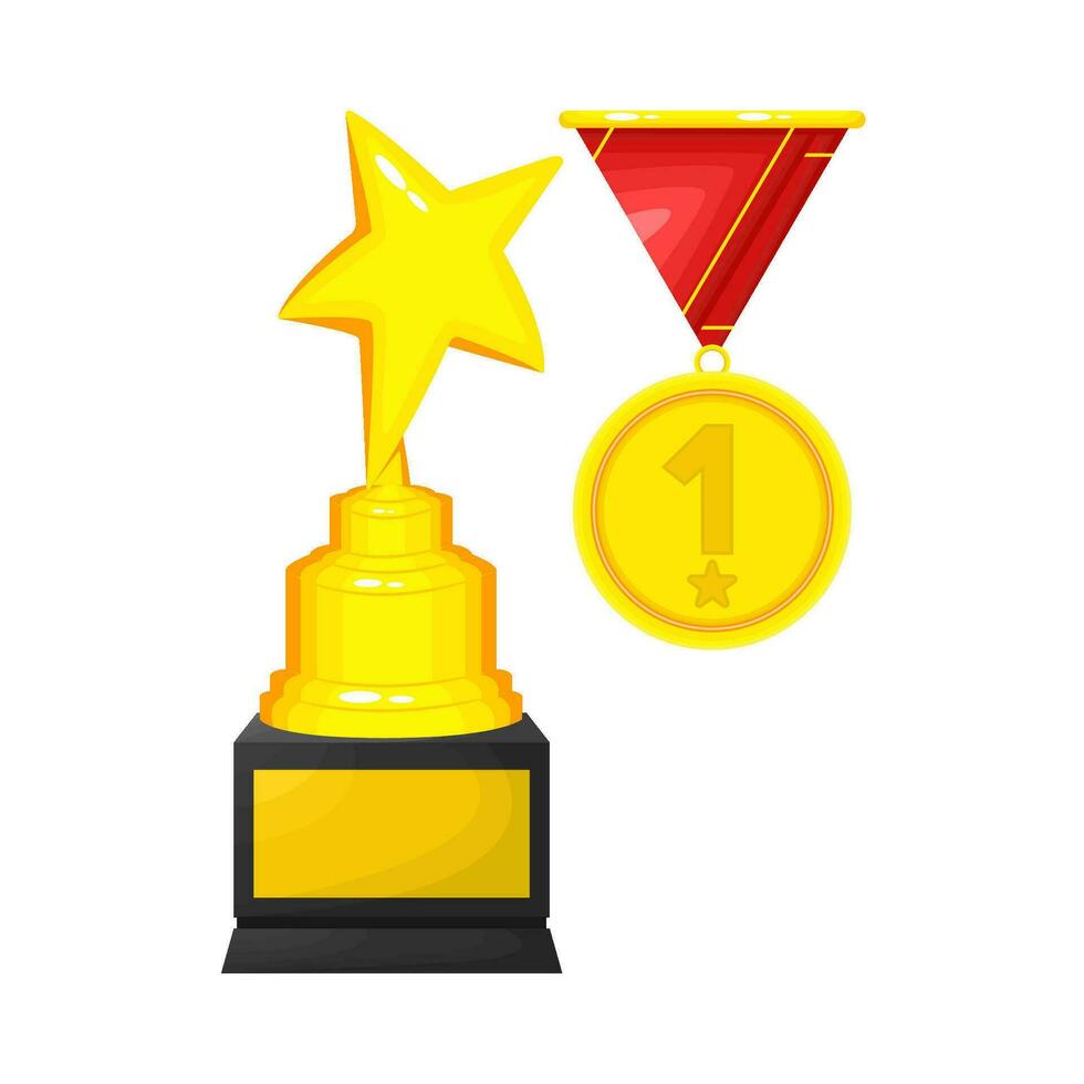 gold trophy champion with medal  illustration vector