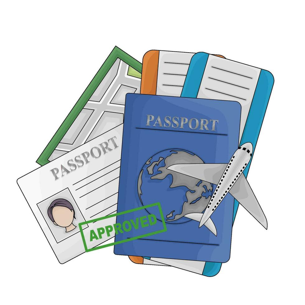 pasaporte libro aprobado, pasaporte tarjeta, boleto con mapas ilustración vector