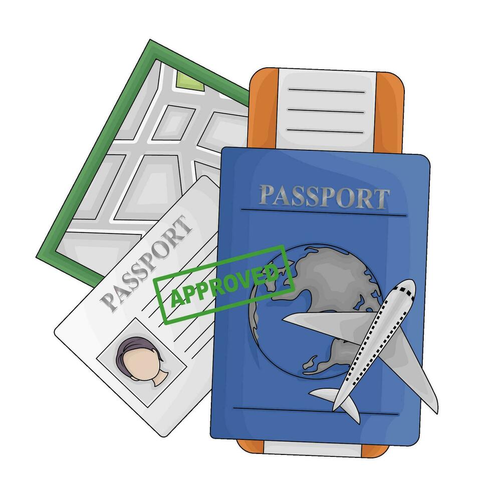 pasaporte libro aprobado, pasaporte tarjeta, boleto con mapas ilustración vector