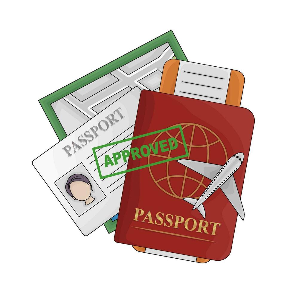 pasaporte libro aprobado, pasaporte tarjeta, boleto con mapas ilustración vector