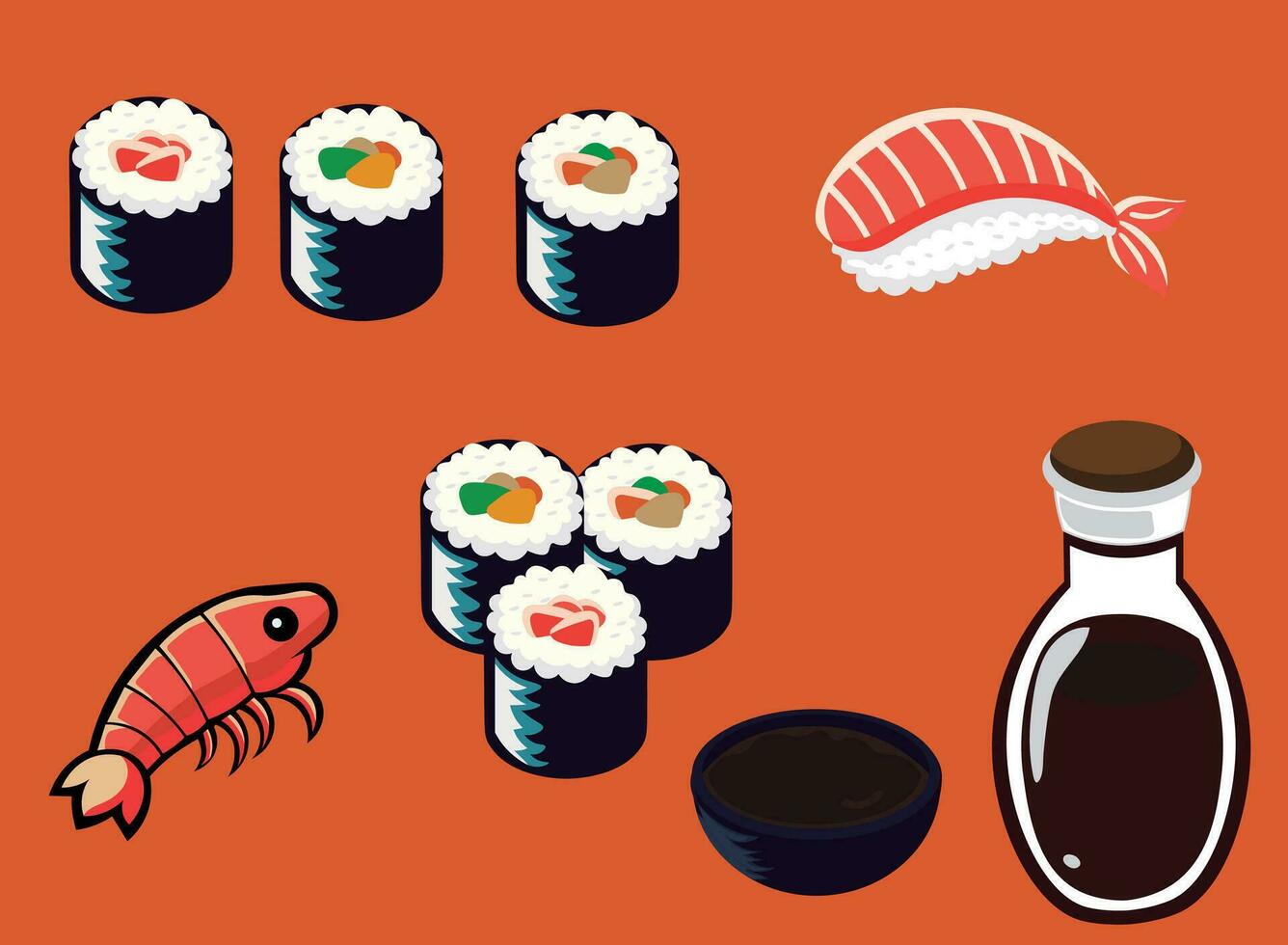 japonés alimento, Sushi, soja salsa, camarón y japonés comidas vector modelo ilustración