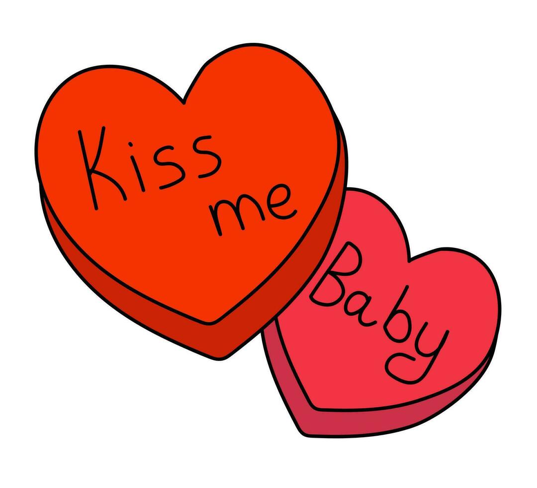 Candies hearts with text. Kiss me and baby. Valentine day element. Vector flat illustration.