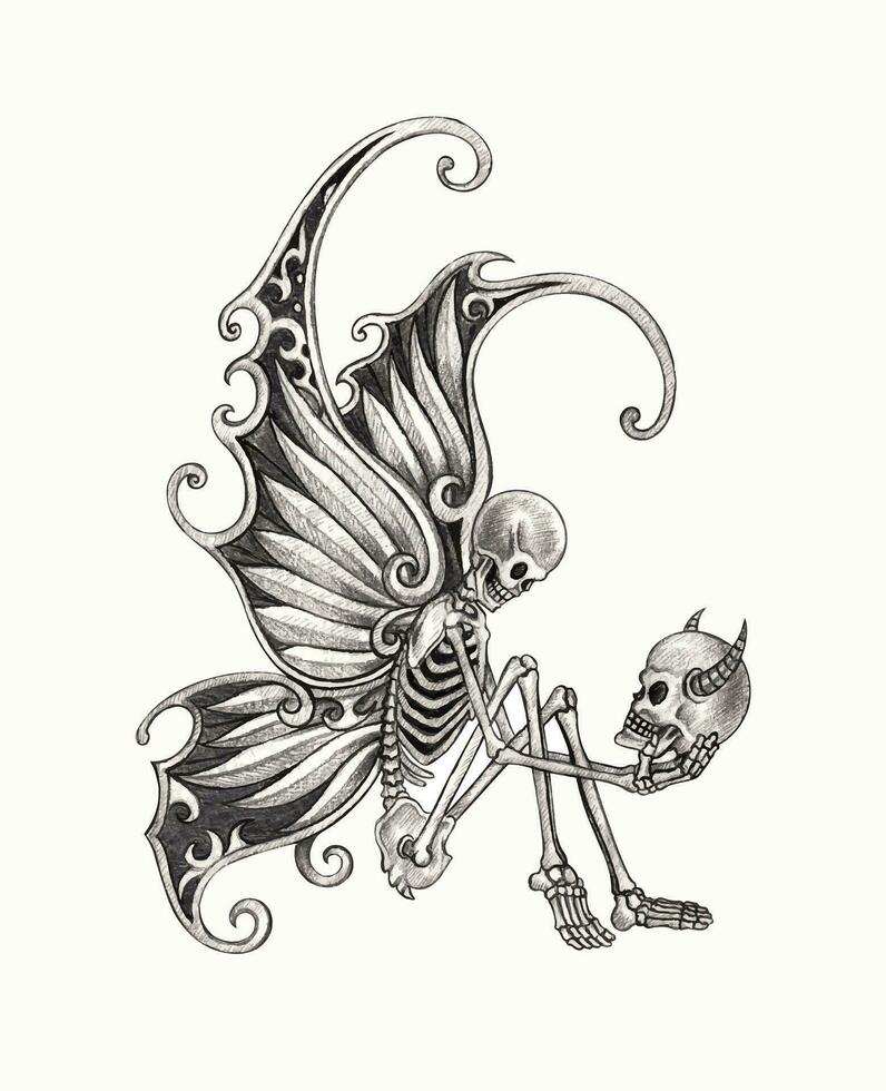 Fairy skeletons surrealist tattoo by hand drawing on paper. vector