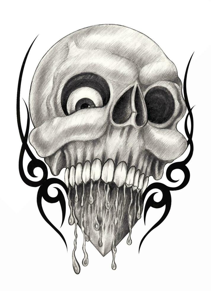 Skull tattoo surreal art design by hand drawing on paper. vector