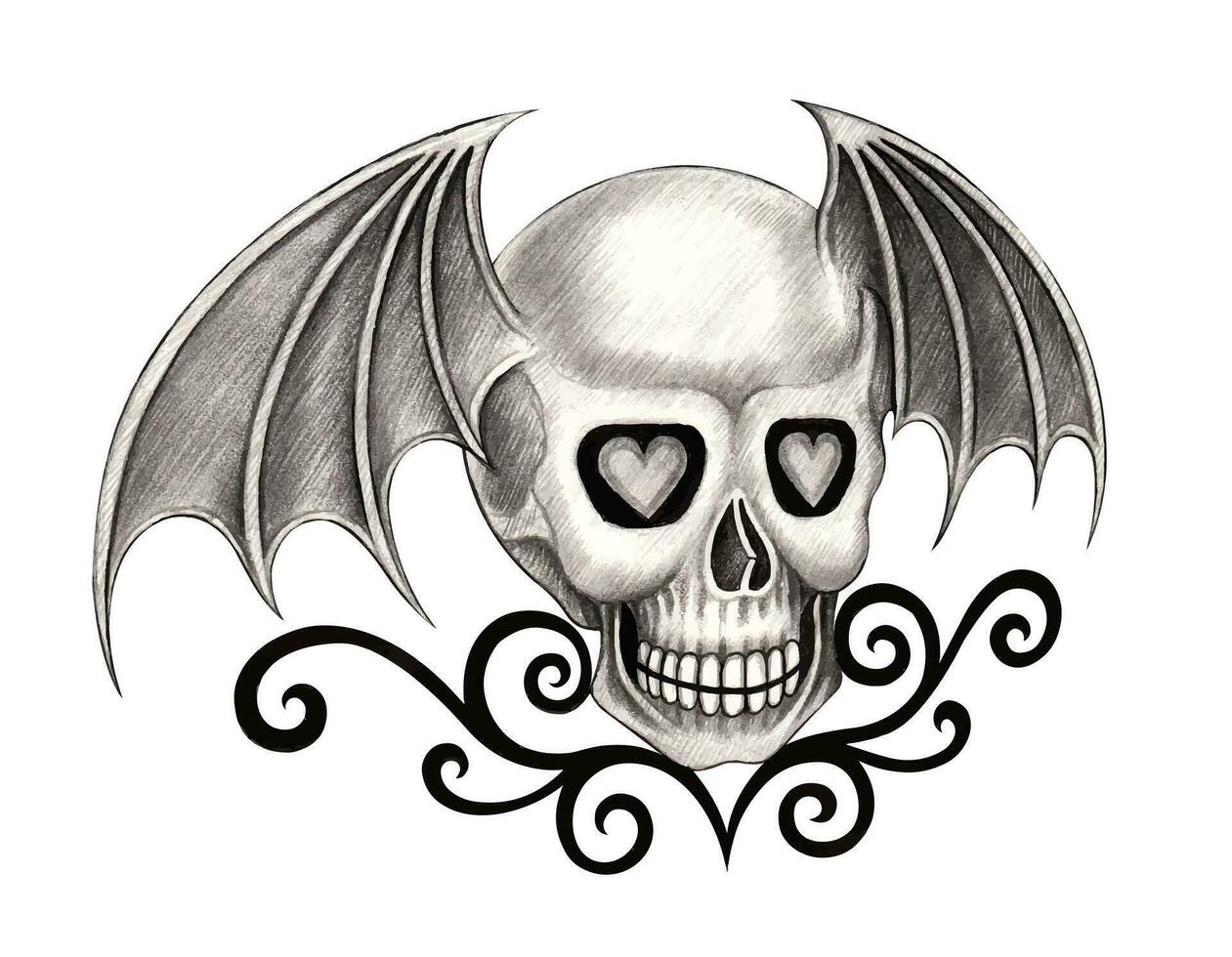 Skull tattoo wings demon design by hand drawing on paper. vector