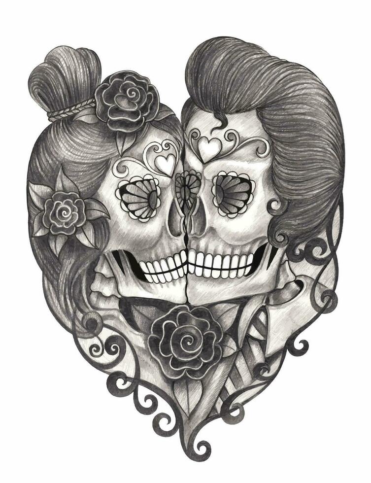 Sugar skull lovers day of the dead design by hand drawing on paper. vector