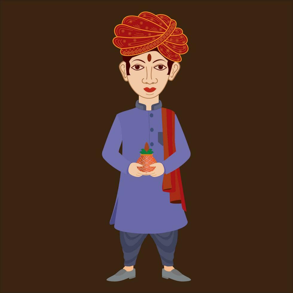 Indian wedding groom couple with rajasthani turban holding kalash pot in hand vector image