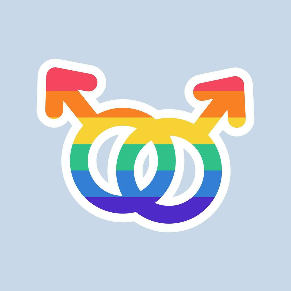 Homosexual Love symbol in LGBT flag colors. Two male gender icons in Rainbow colors linked together. LGBT sticker in doodle style. LGBTQ, LGBT pride community Symbol. vector