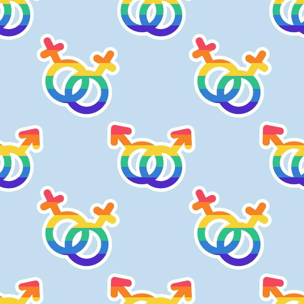 LGBT love seamless pattern. LGBT Love symbols in LGBT flag colors. Two female and male gender icons in Rainbow colors linked together. Gay couples Textile. LGBTQ, LGBT pride community Symbols texture. vector
