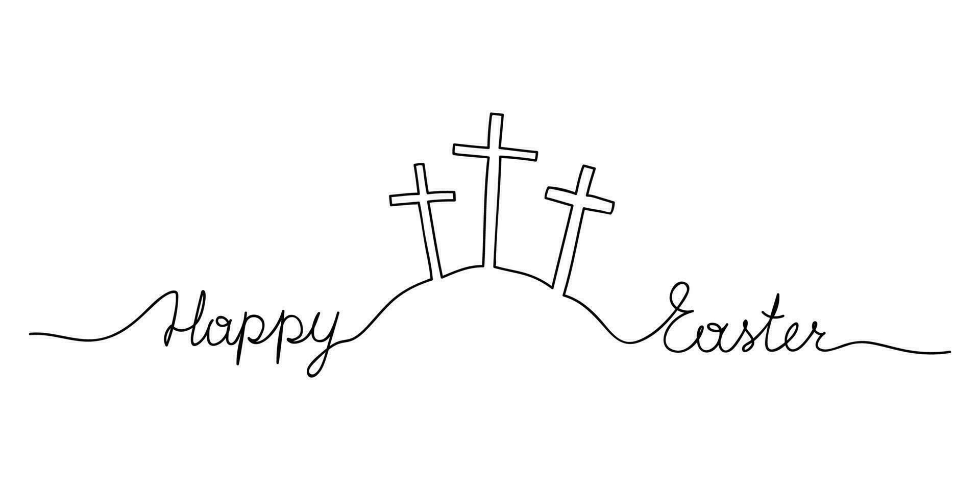 Three Calvary Crosses on the hill and lettering Happy Easter. Christianity religion concept. Continuous line drawing. Vector illustration