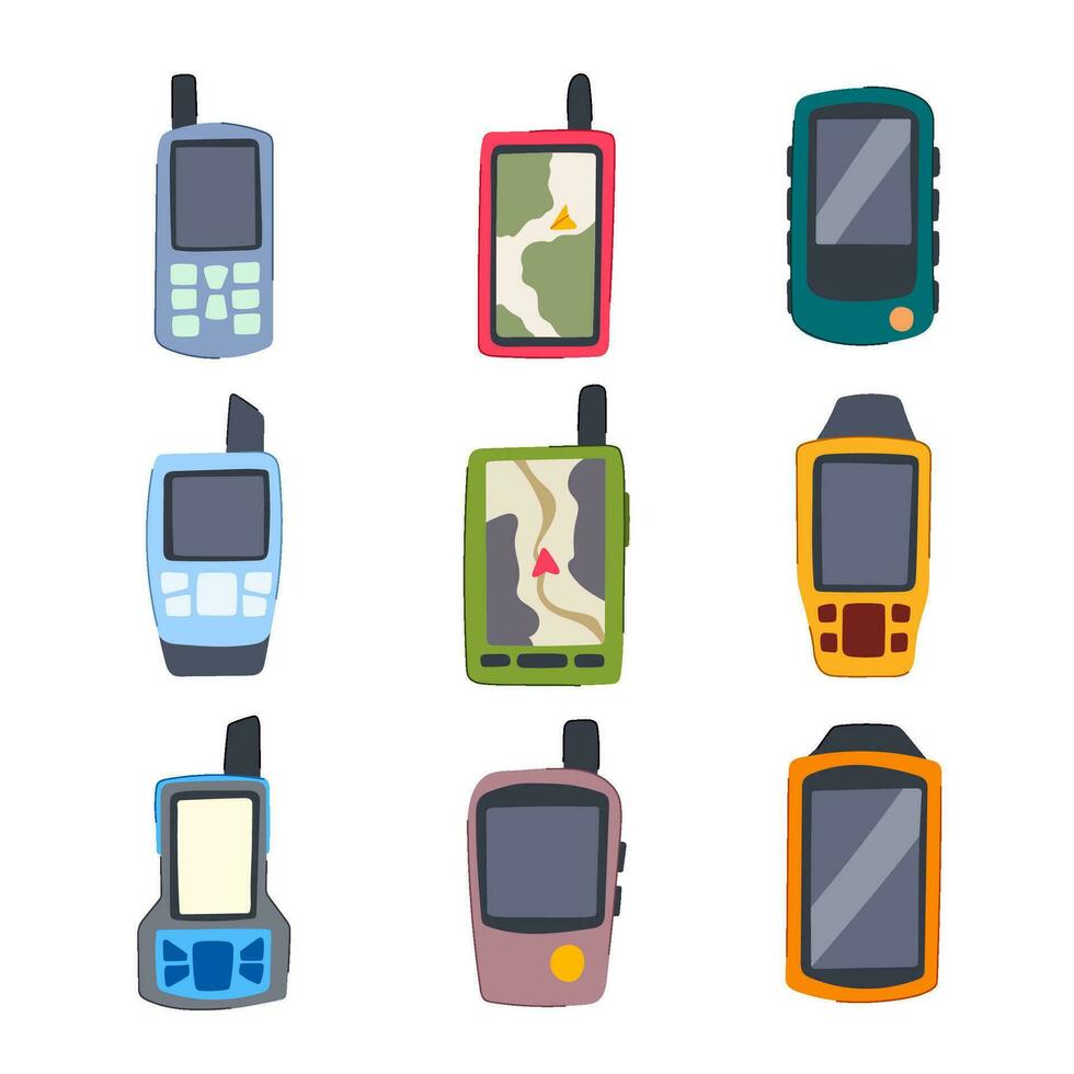 handheld gps set cartoon vector illustration