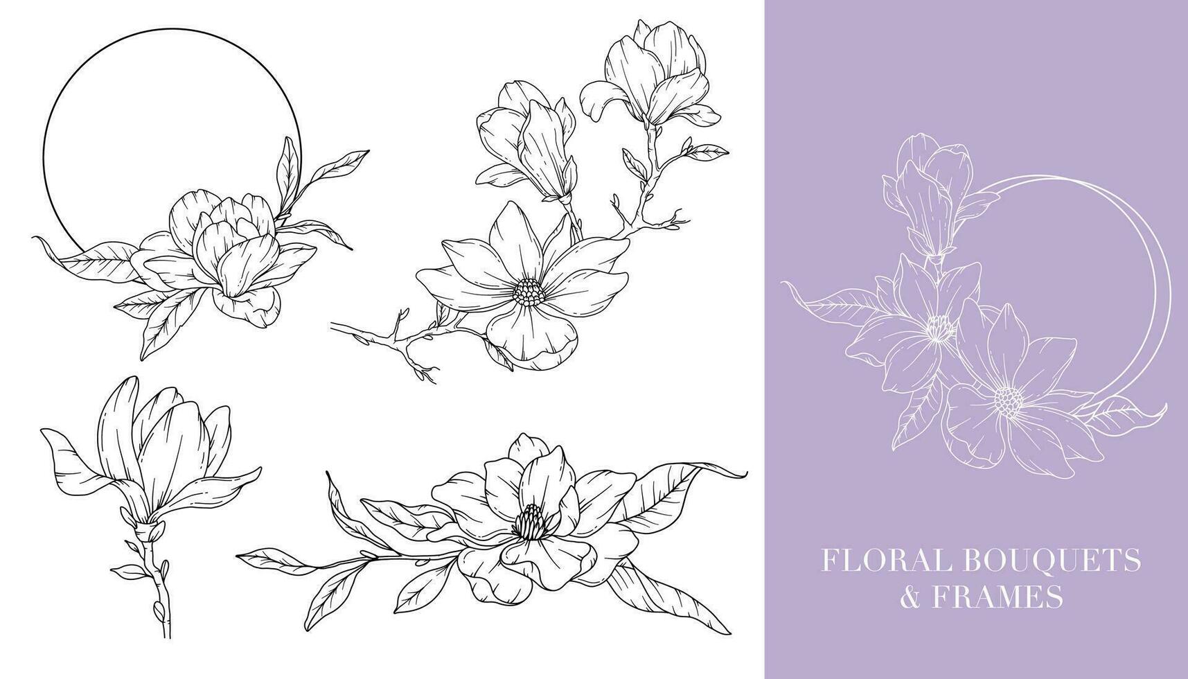 Magnolia Line Drawing. Floral Frames and Bouquets. Floral Line Art. Fine Line Magnolia Frames Hand Drawn Illustration. Hand Drawn Outline Magnolias. Botanical Coloring Page. Magnolia Isolated vector