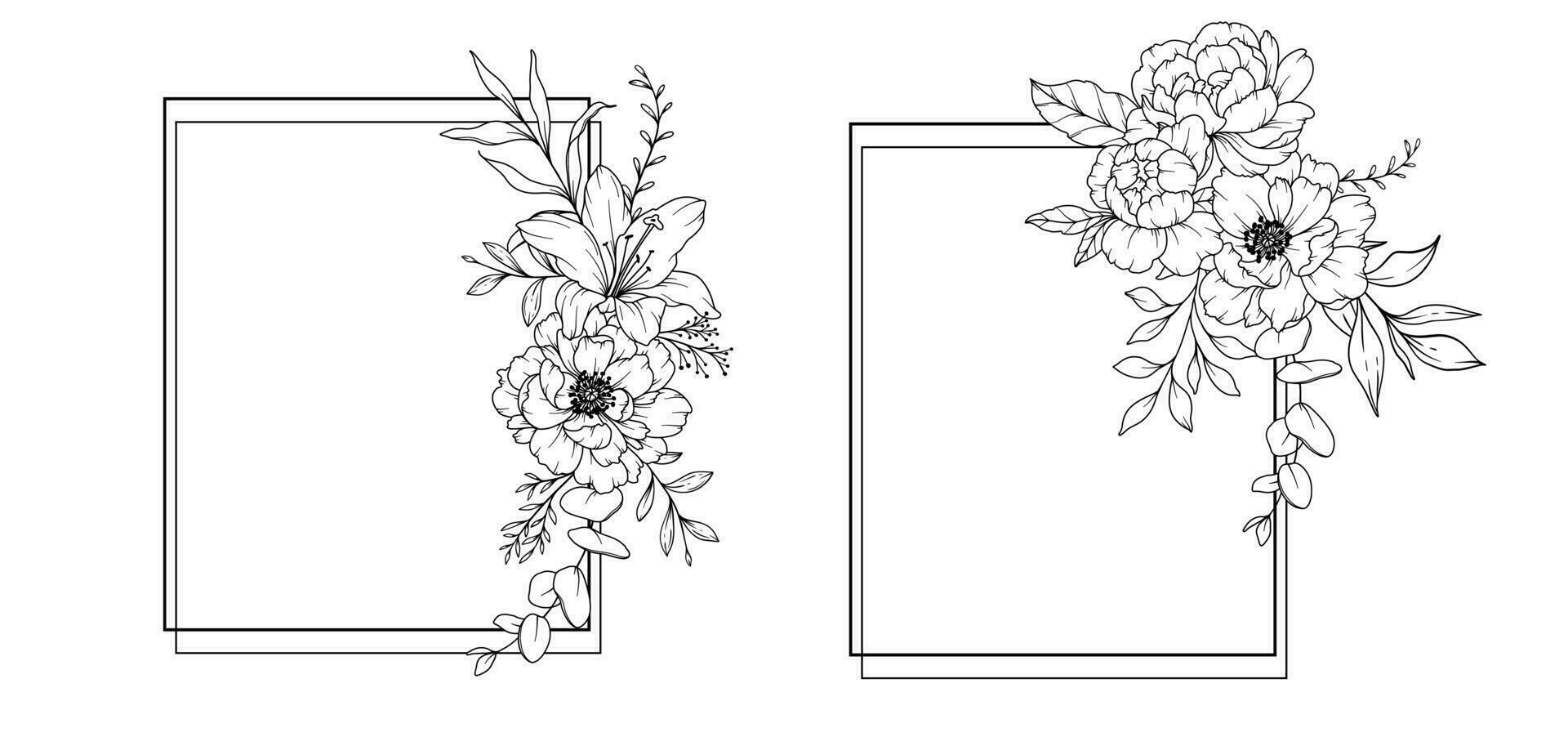 Peony Line Drawing. Black and white Floral Frames. Floral Line Art. vector