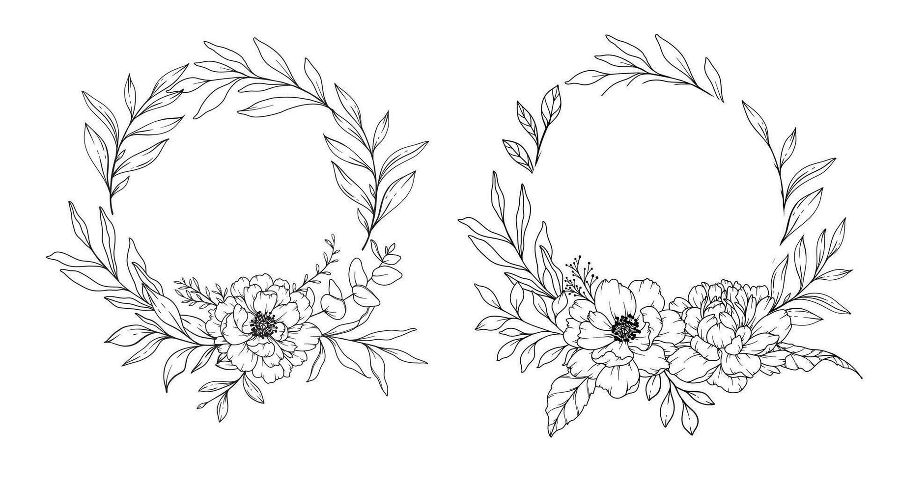 Peony Line Drawing. Black and white Floral Frames. Floral Line Art. vector