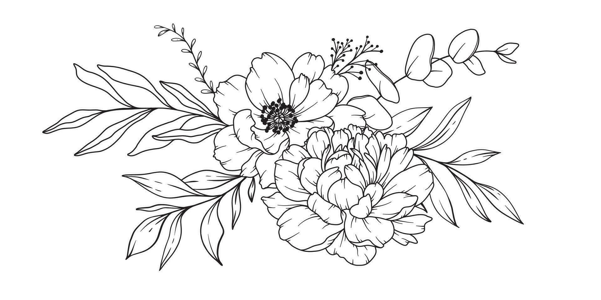 Peony Line Drawing. Black and white Floral Bouquets. Flower Coloring Page. Floral Line Art. Fine Line Peony illustration. Hand Drawn flowers. Botanical Coloring. Wedding invitation flowers vector