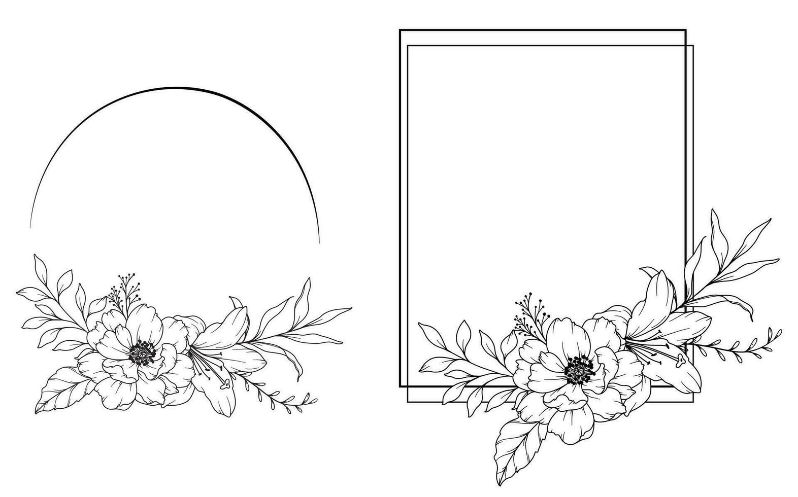 Peony Line Drawing. Black and white Floral Frames. Floral Line Art. vector