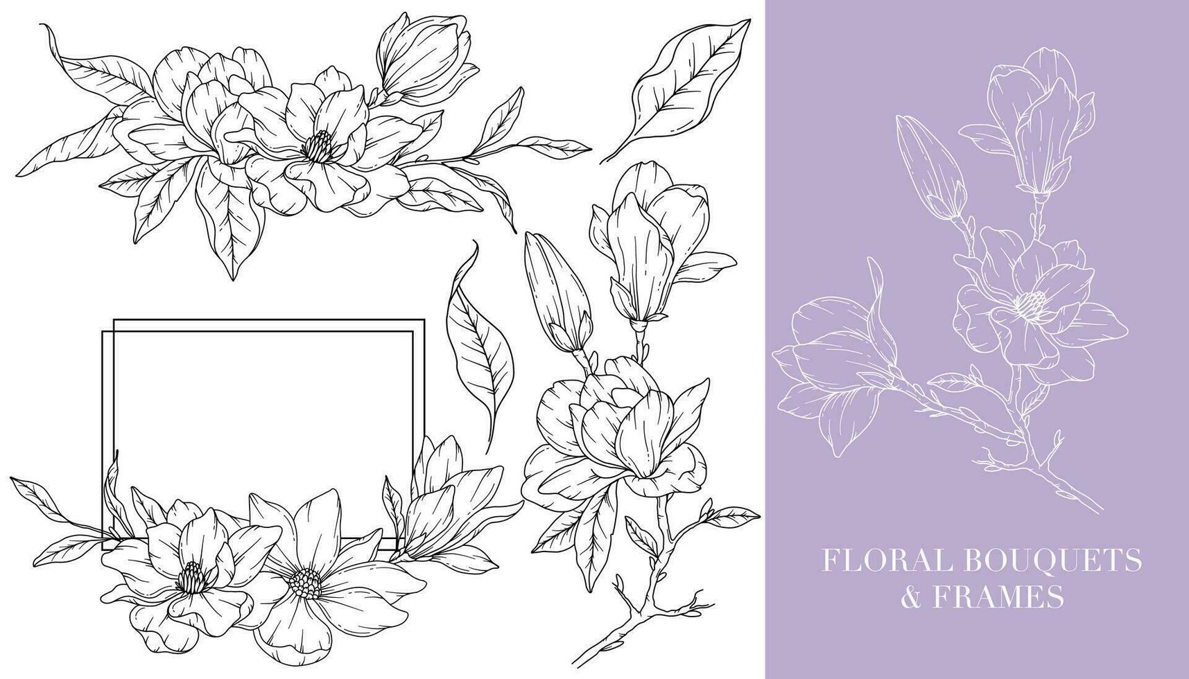 Magnolia Line Drawing. Floral Frames and Bouquets. Floral Line Art. Fine Line Magnolia Frames Hand Drawn Illustration. Hand Drawn Outline Magnolias. Botanical Coloring Page. Magnolia Isolated vector