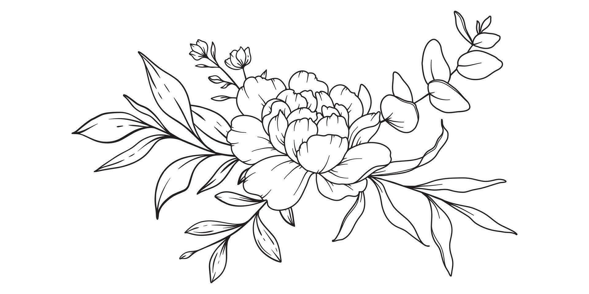 Peony Line Drawing. Black and white Floral Bouquets. Flower Coloring Page. Floral Line Art. Fine Line Peony illustration. Hand Drawn flowers. Botanical Coloring. Wedding invitation flowers vector