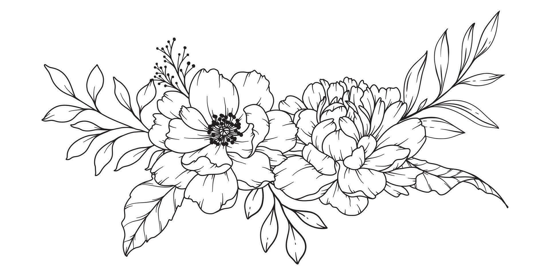 Peony Line Drawing. Black and white Floral Bouquets. Flower Coloring Page. Floral Line Art. Fine Line Peony illustration. Hand Drawn flowers. Botanical Coloring. Wedding invitation flowers vector