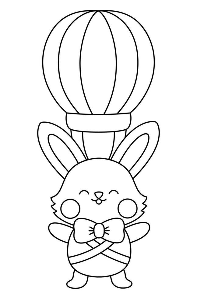 Vector black and white Easter bunny icon for kids. Cute line kawaii rabbit illustration or coloring page. Funny cartoon hare character. Traditional spring holiday symbol flying on hot air balloon