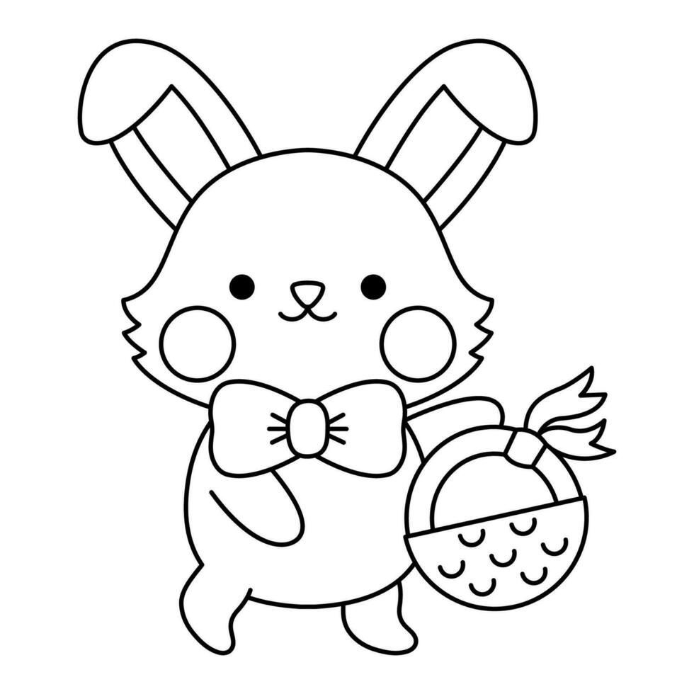 Vector black and white Easter bunny icon for kids. Cute line kawaii rabbit illustration or coloring page. Funny cartoon hare character. Traditional spring holiday symbol with basket