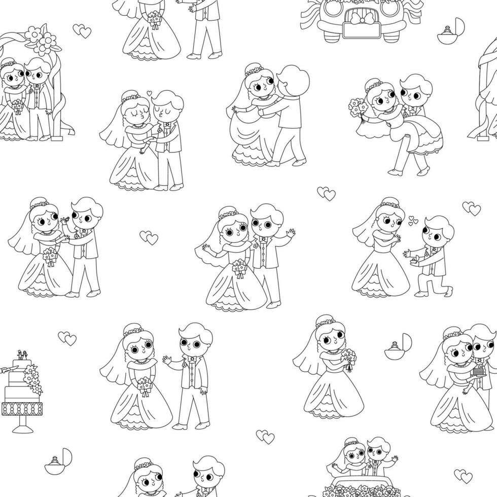 Vector black and white seamless pattern with bride and groom. Cute line just married couple repeat background. Wedding ceremony coloring page. Cartoon marriage digital paper
