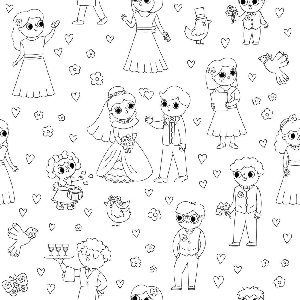Vector black and white seamless pattern with bride, groom and their guests. Cute line just married repeat background with bridesmaids, bridegrooms, children. Wedding ceremony digital paper
