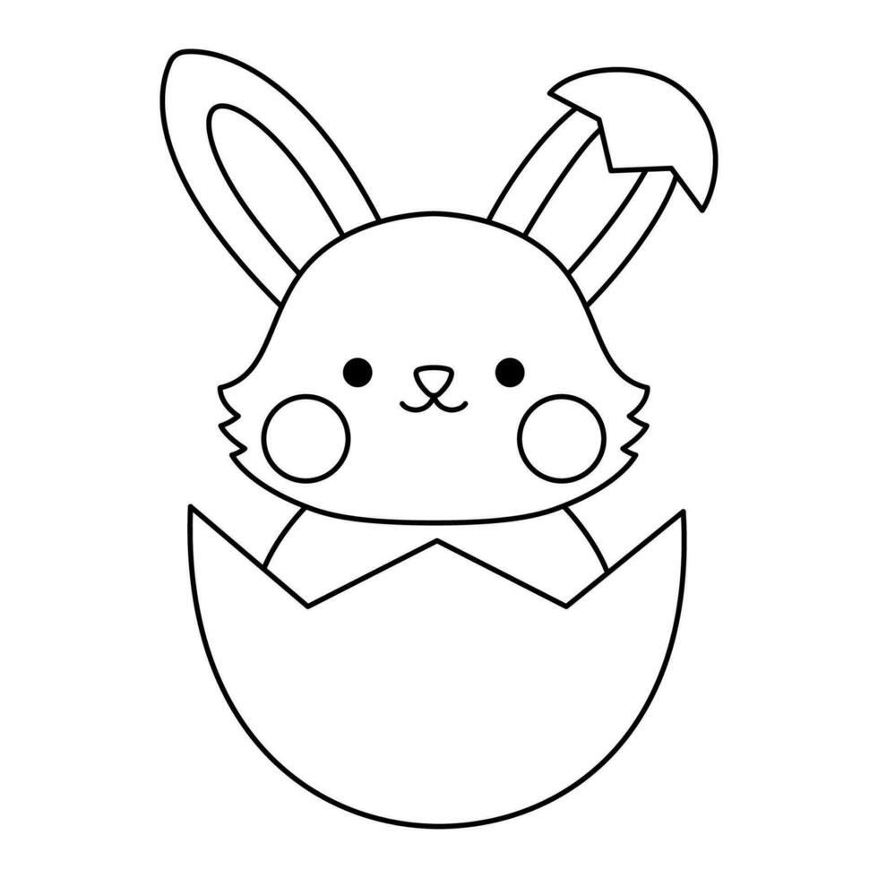 Vector black and white Easter bunny icon for kids. Cute kawaii line rabbit illustration or coloring page. Funny cartoon hare character. Traditional spring holiday symbol hatching or sitting in the egg