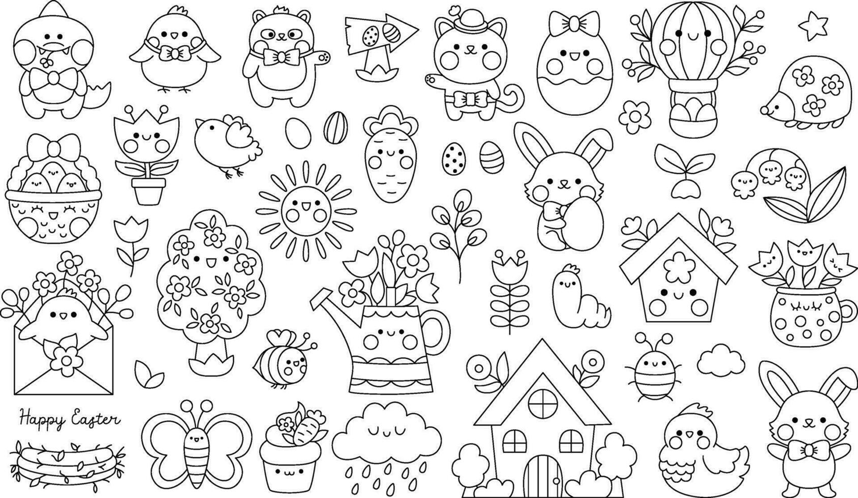 Vector black and white kawaii Easter clipart set for kids. Cute cartoon characters. Traditional line symbols collection with bunny, eggs, bird, chick, basket, flowers. Spring holiday coloring page