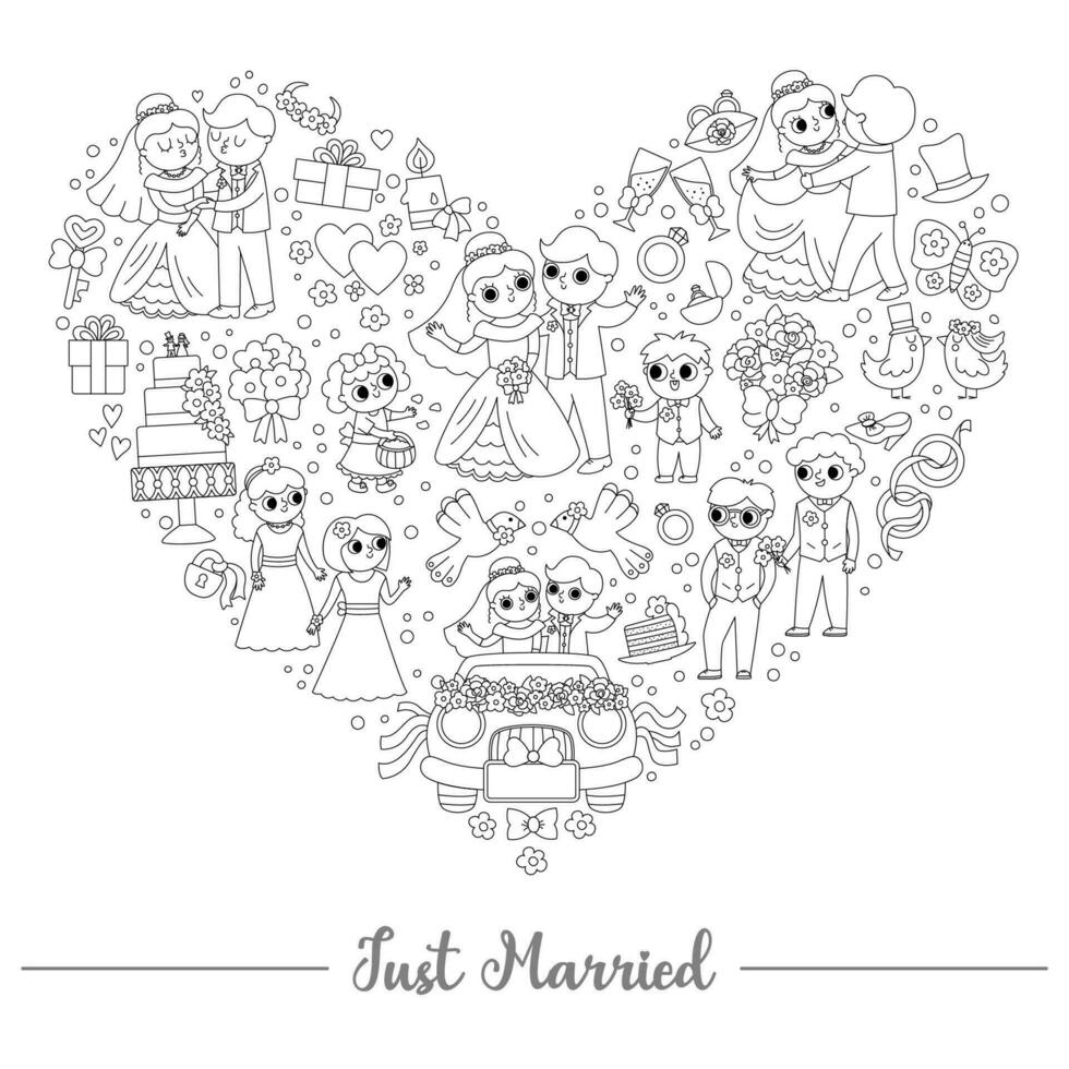 Vector black and white wedding heart shaped frame with just married couple. Marriage ceremony or love concept for banners, invitations. Cute line matrimonial illustration or coloring page