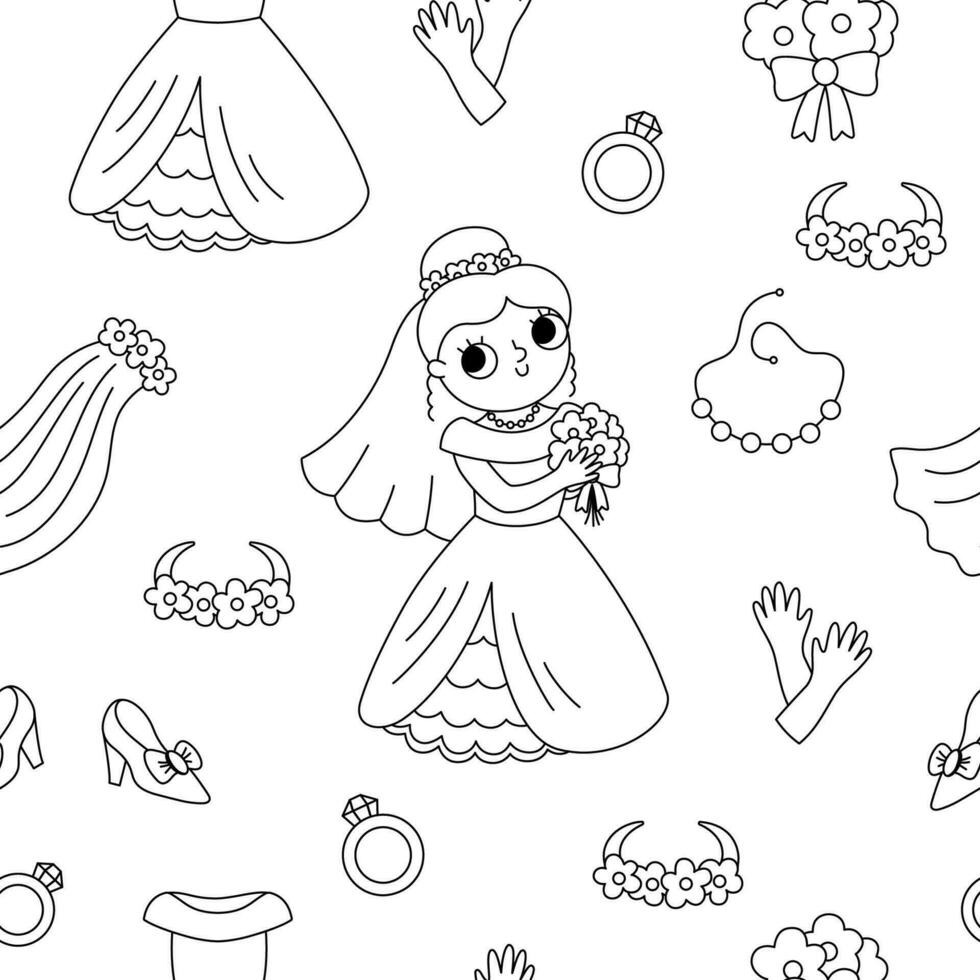 Vector black and white seamless pattern with bride clothes. Cute line repeat background with just married girl, dress, accessory. Wedding ceremony digital paper. Cartoon marriage coloring page