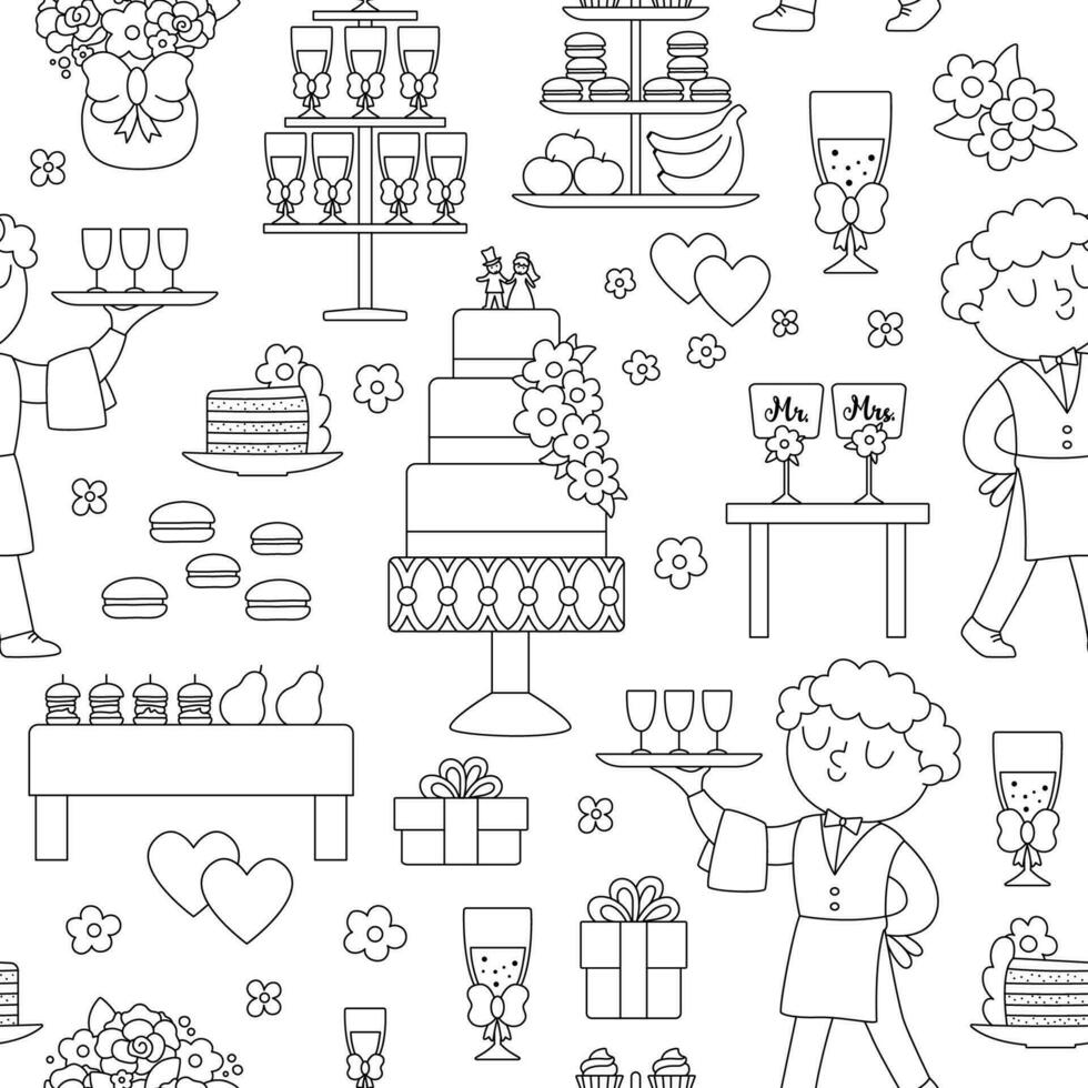 Vector black and white wedding candy bar seamless pattern. Cute line marriage sweet table or buffet repeat background with waiter, cake, champagne. Just married holiday meal coloring page